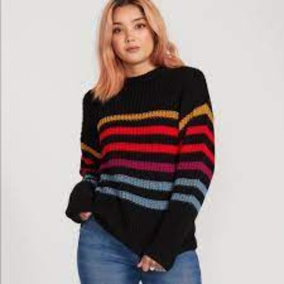 Volcom Sweaters - VOLCOM Women's Move On Up Striped Sweater Knit Rainbow Black S (4-6)